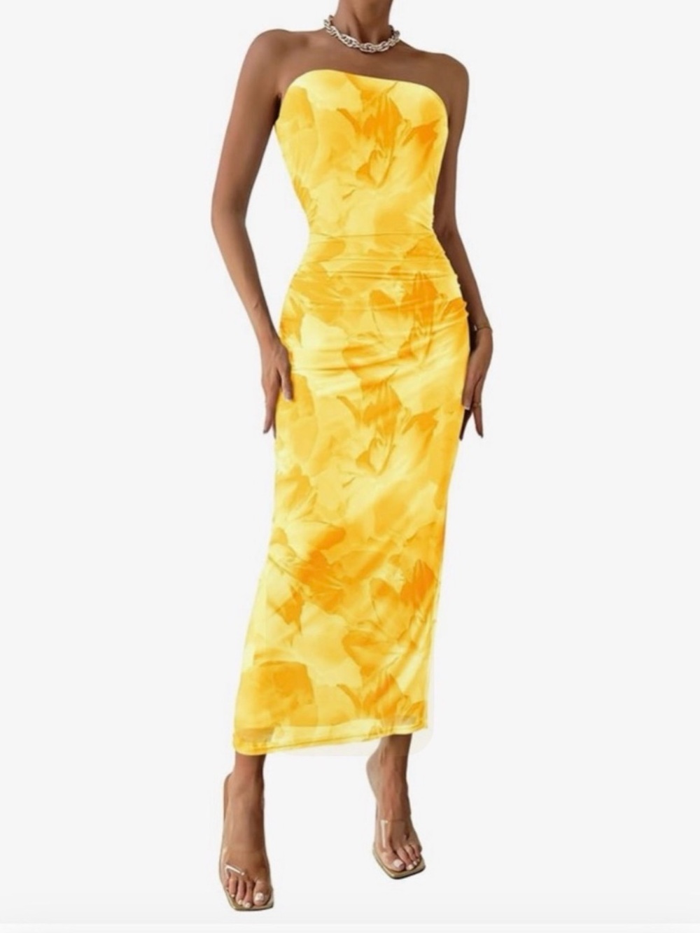 Strapless Yellow Floral Midi Dress - Sleek Fitted Silhouette